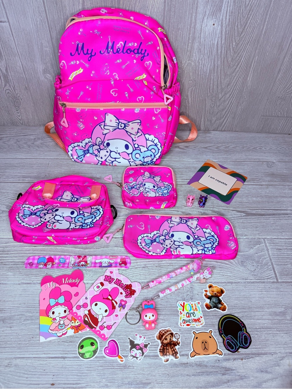 My melody backpack bundle change purse stickers keychain dragon pens bags